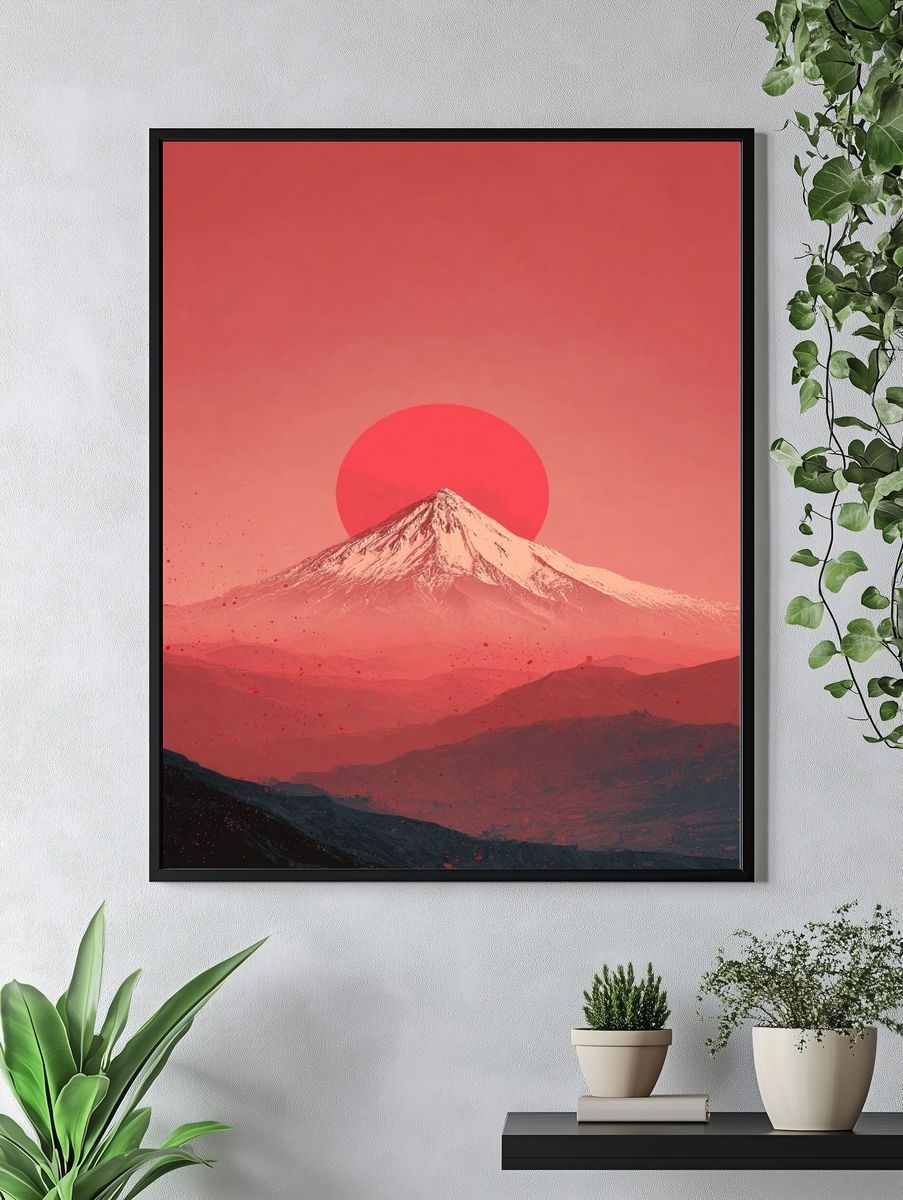 Red Sun Over Snowy Mountain Poster. — room view 4