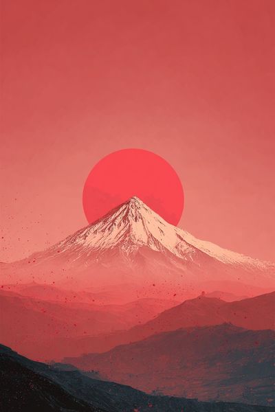 Red Sun Over Snowy Mountain Poster.