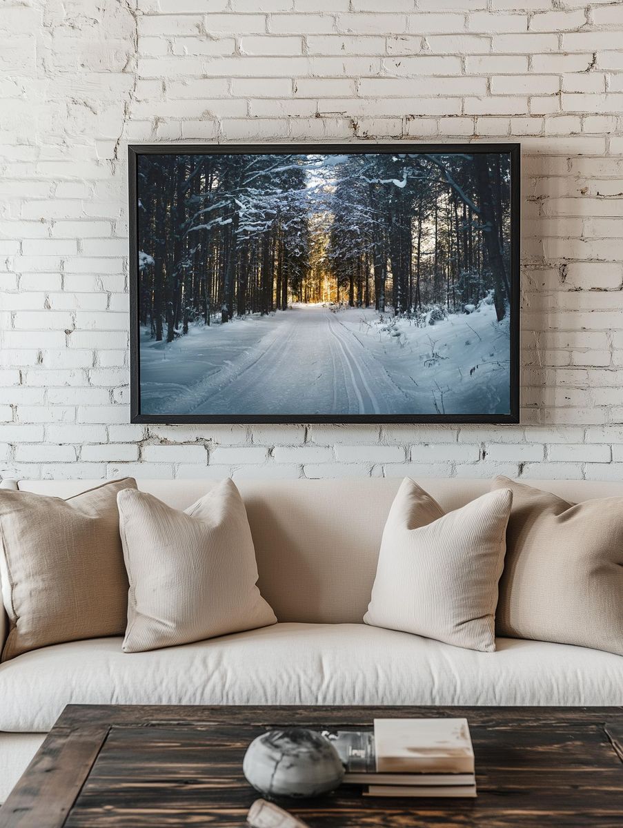 Snowy Forest Path Poster. — room view 1
