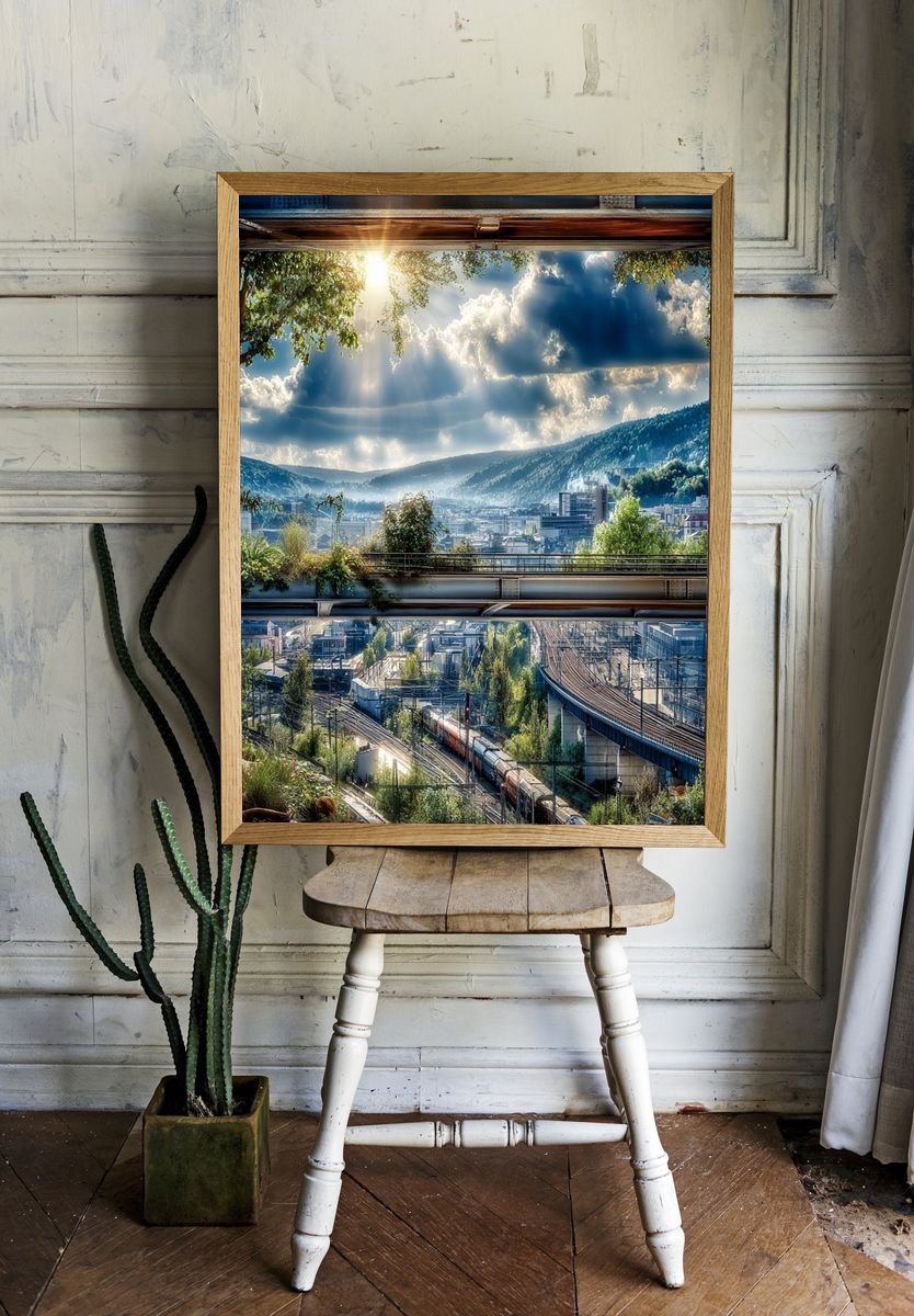 Sunlit Mountain Railway Landscape Poster room preview