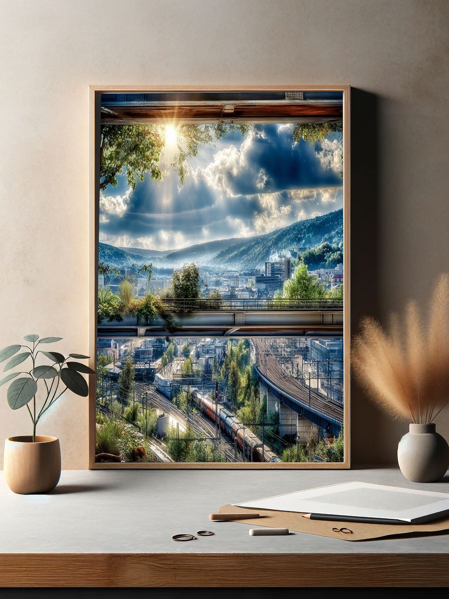 Sunlit Mountain Railway Landscape Poster. — room view 2