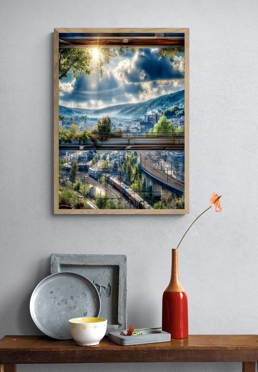 Sunlit Mountain Railway Landscape Poster. — room view 3