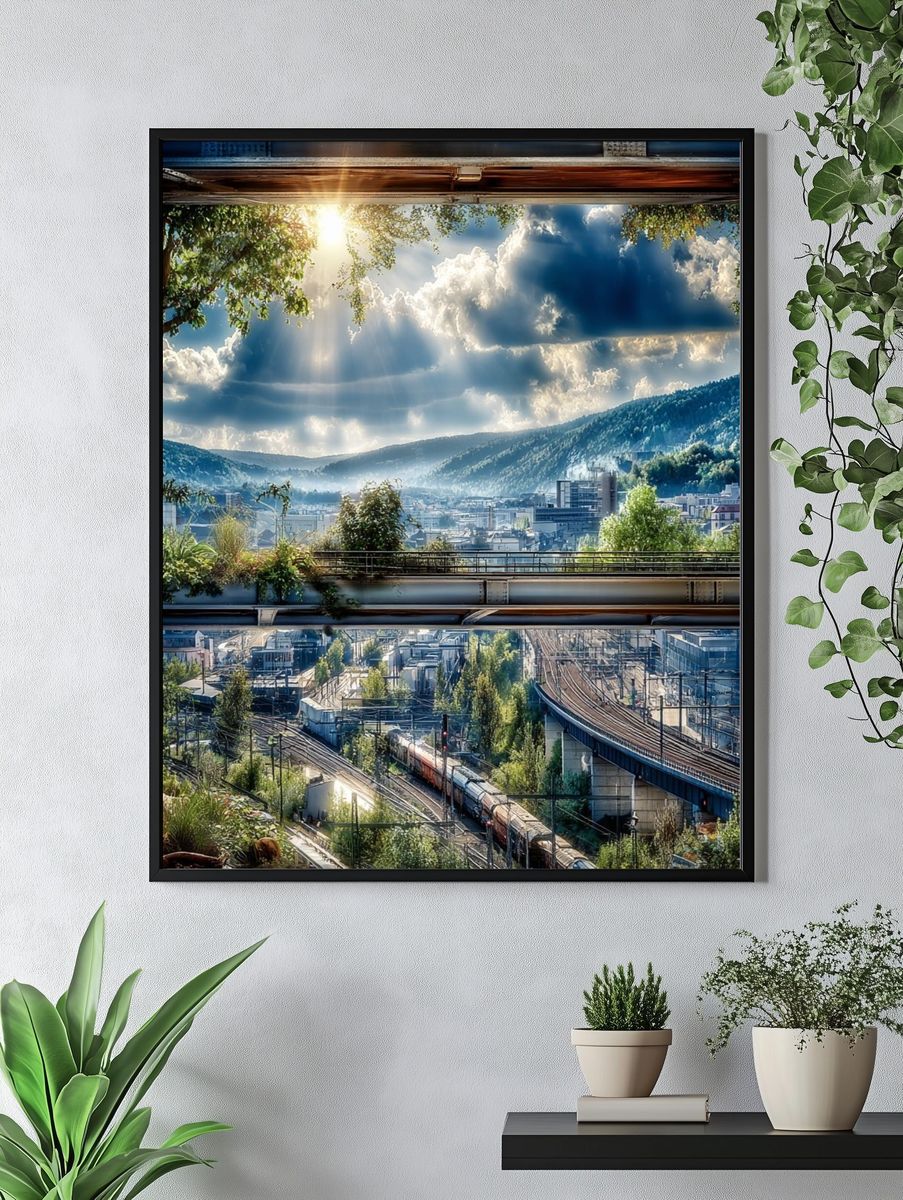 Sunlit Mountain Railway Landscape Poster. — room view 4