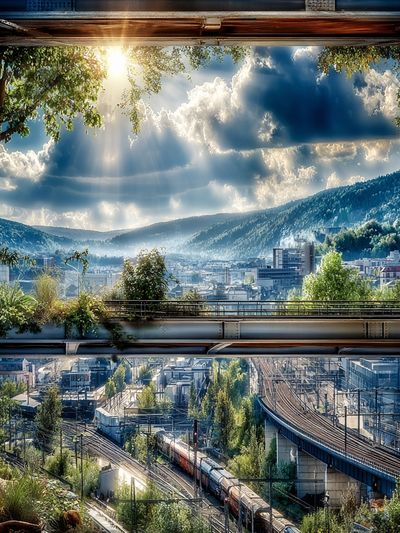 Sunlit Mountain Railway Landscape Poster