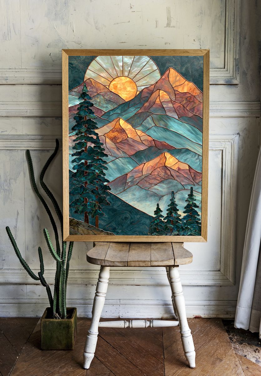 Stained Glass Mountain Sunrise Poster. — room view 1