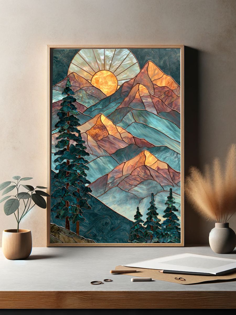Stained Glass Mountain Sunrise Poster. — room view 2