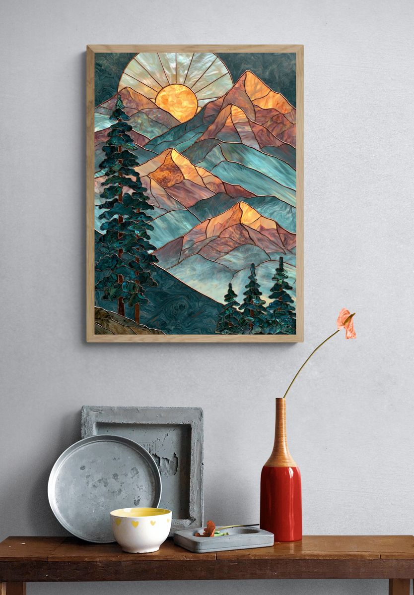 Stained Glass Mountain Sunrise Poster. — room view 3