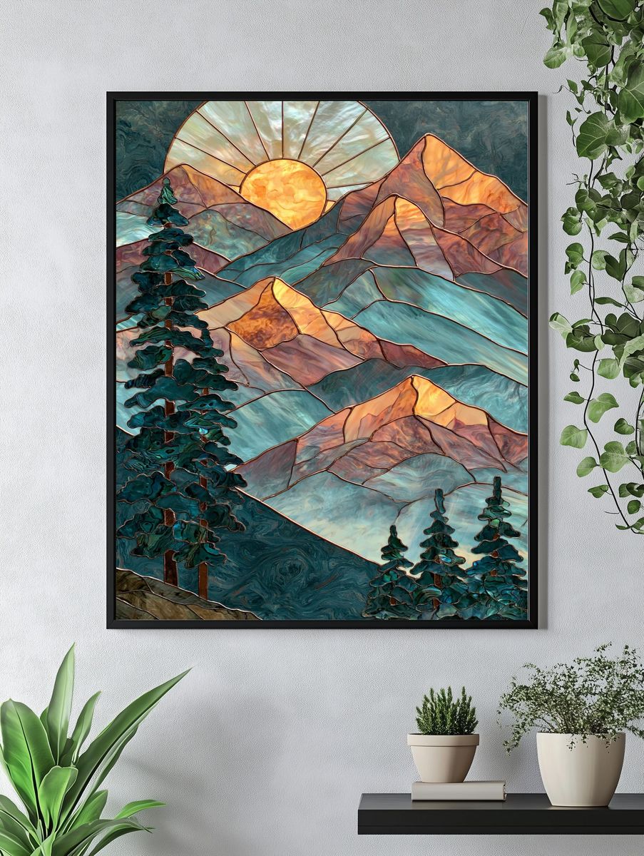 Stained Glass Mountain Sunrise Poster. — room view 4