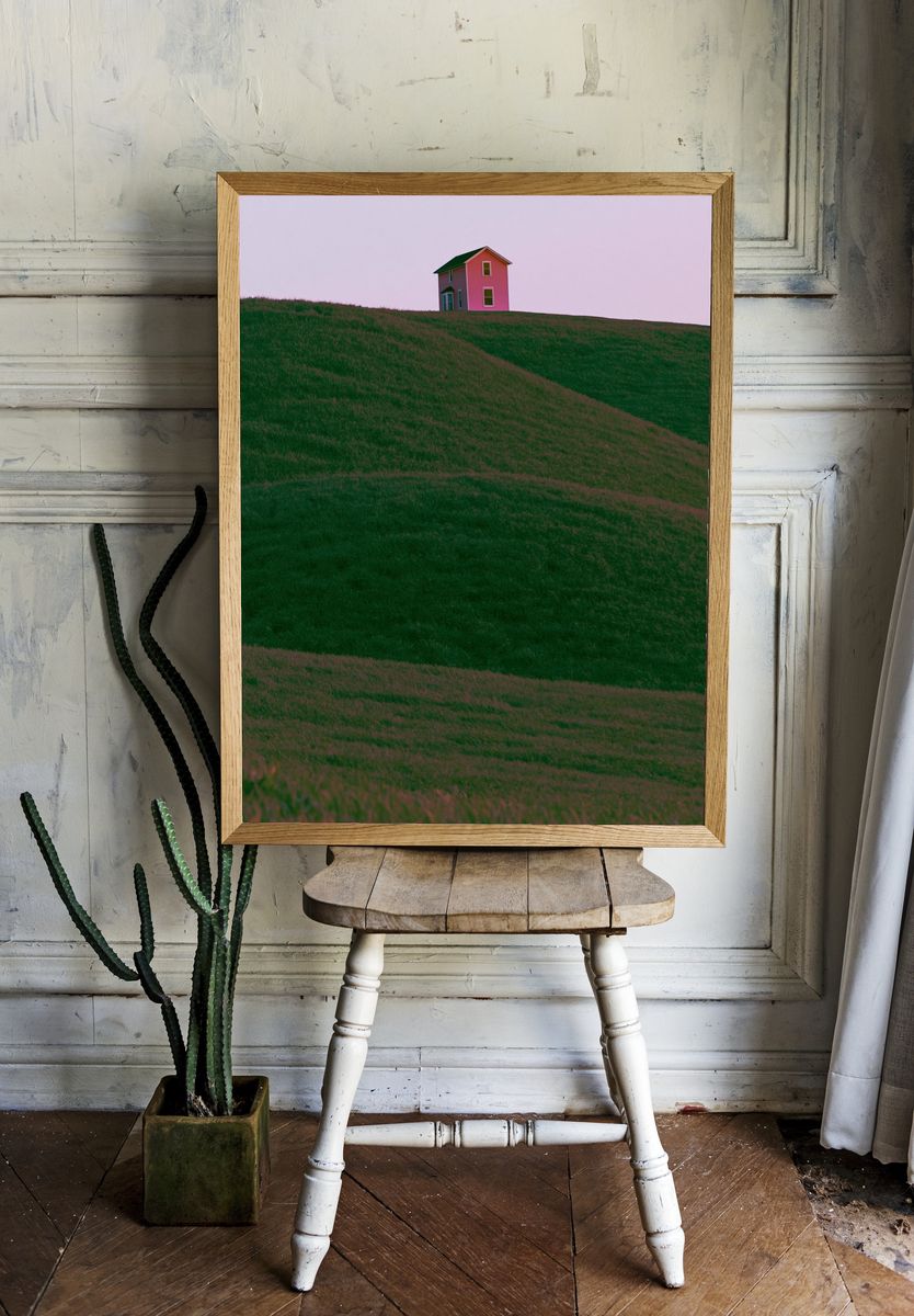 Pink House on Green Hills Poster. room preview