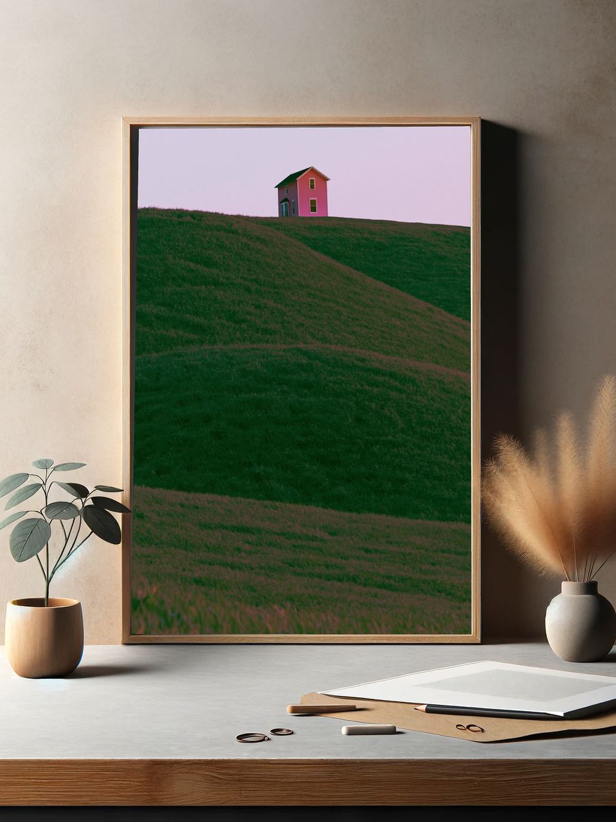 Pink House on Green Hills Poster. — room view 2