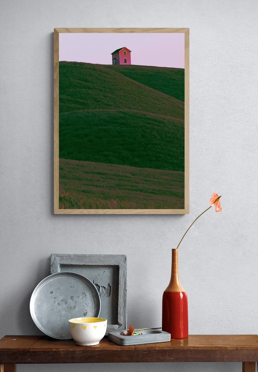 Pink House on Green Hills Poster. — room view 3