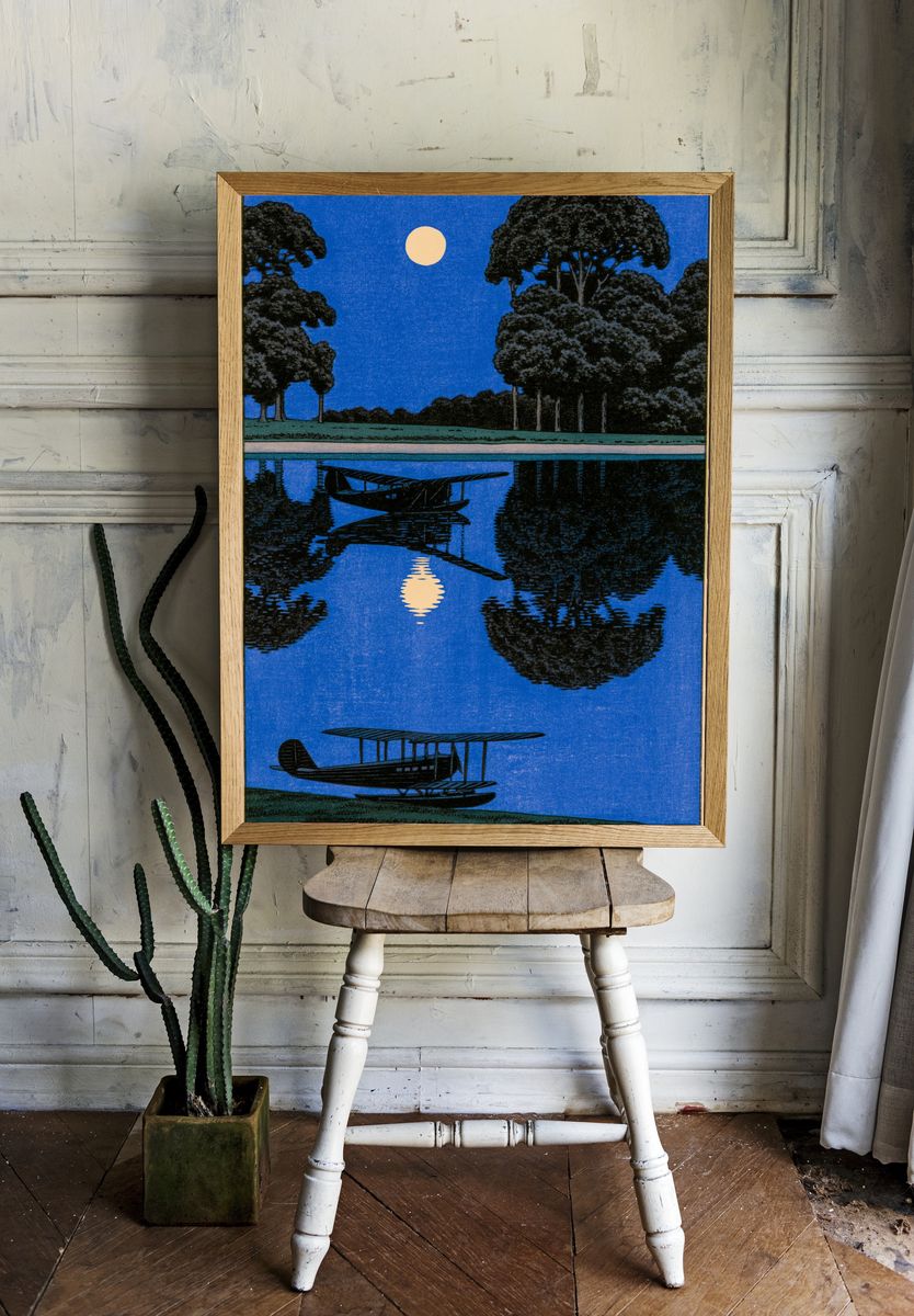 Moonlit Seaplane Landscape Poster. room preview