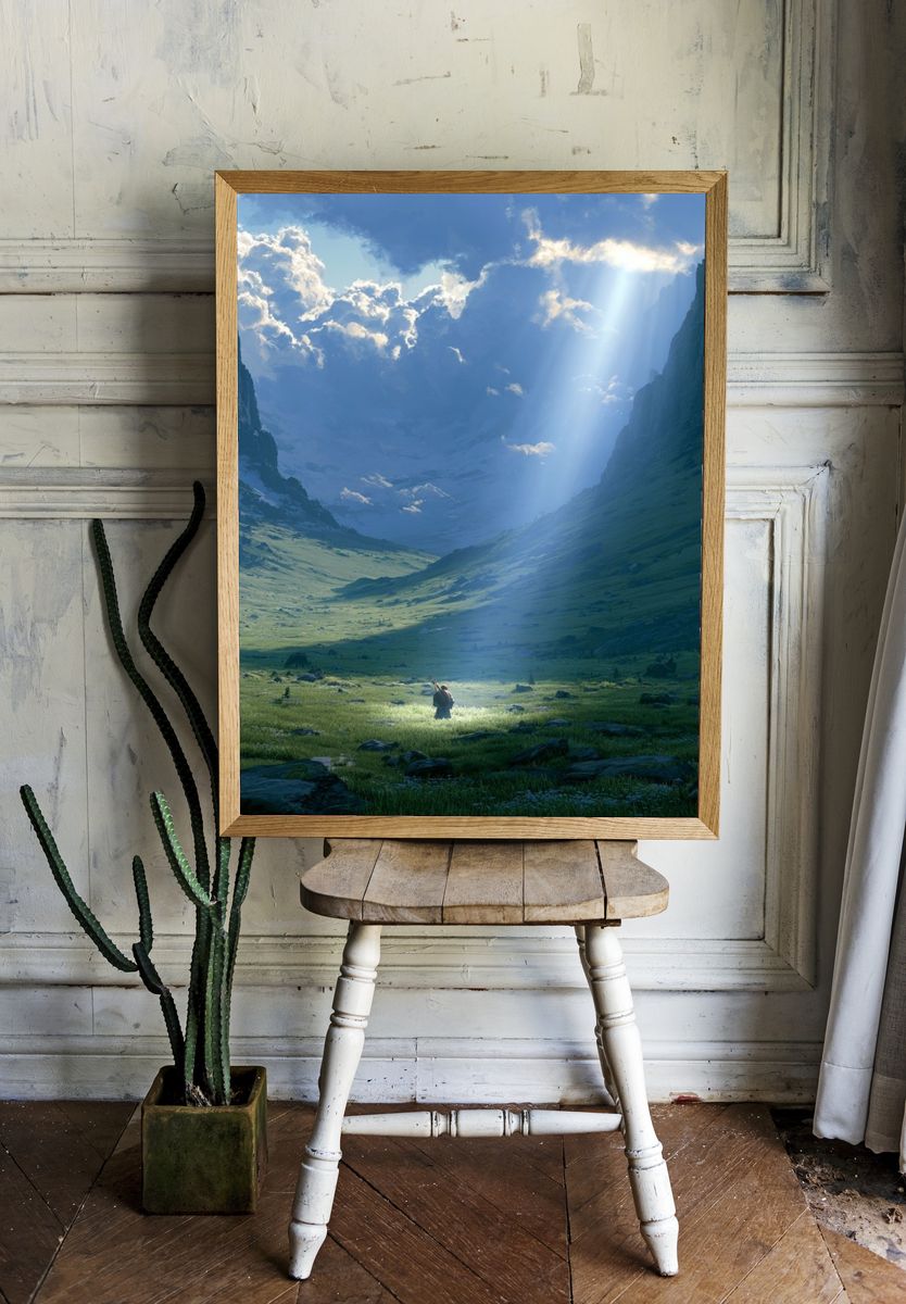 Sunlit Mountain Valley Print. room preview
