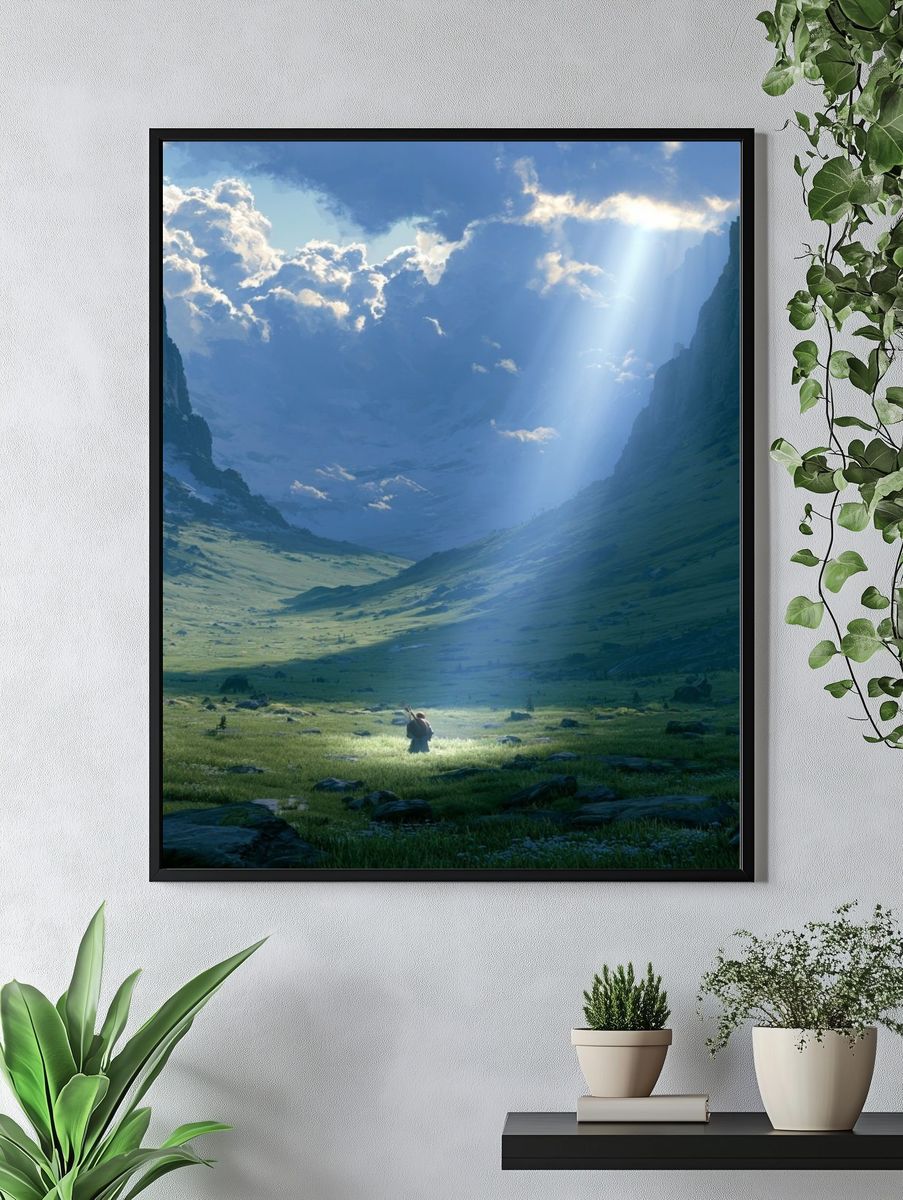 Sunlit Mountain Valley Print. — room view 4