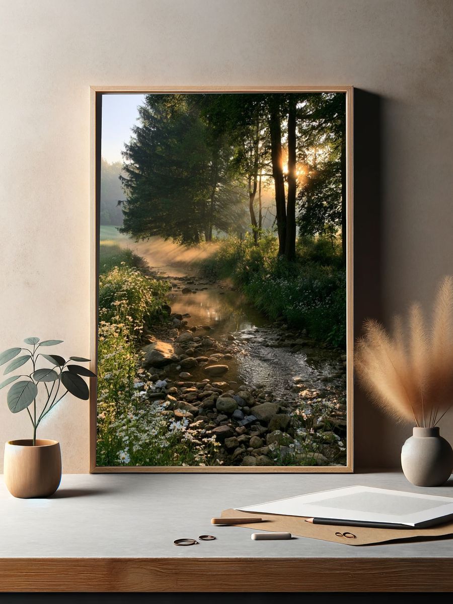 Sunlit Forest Stream Poster. — room view 2