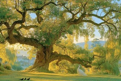 Sunlit Willow Landscape Print. poster
