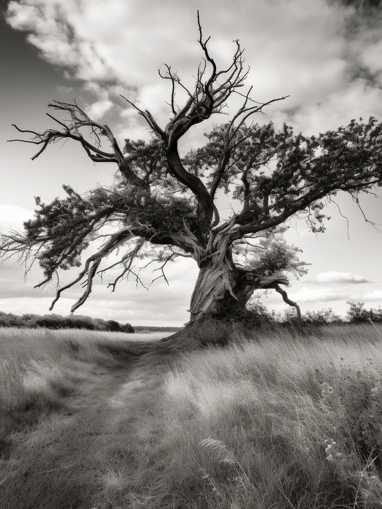 Solitary Tree in Meadow Black-White Poster. poster — nature art