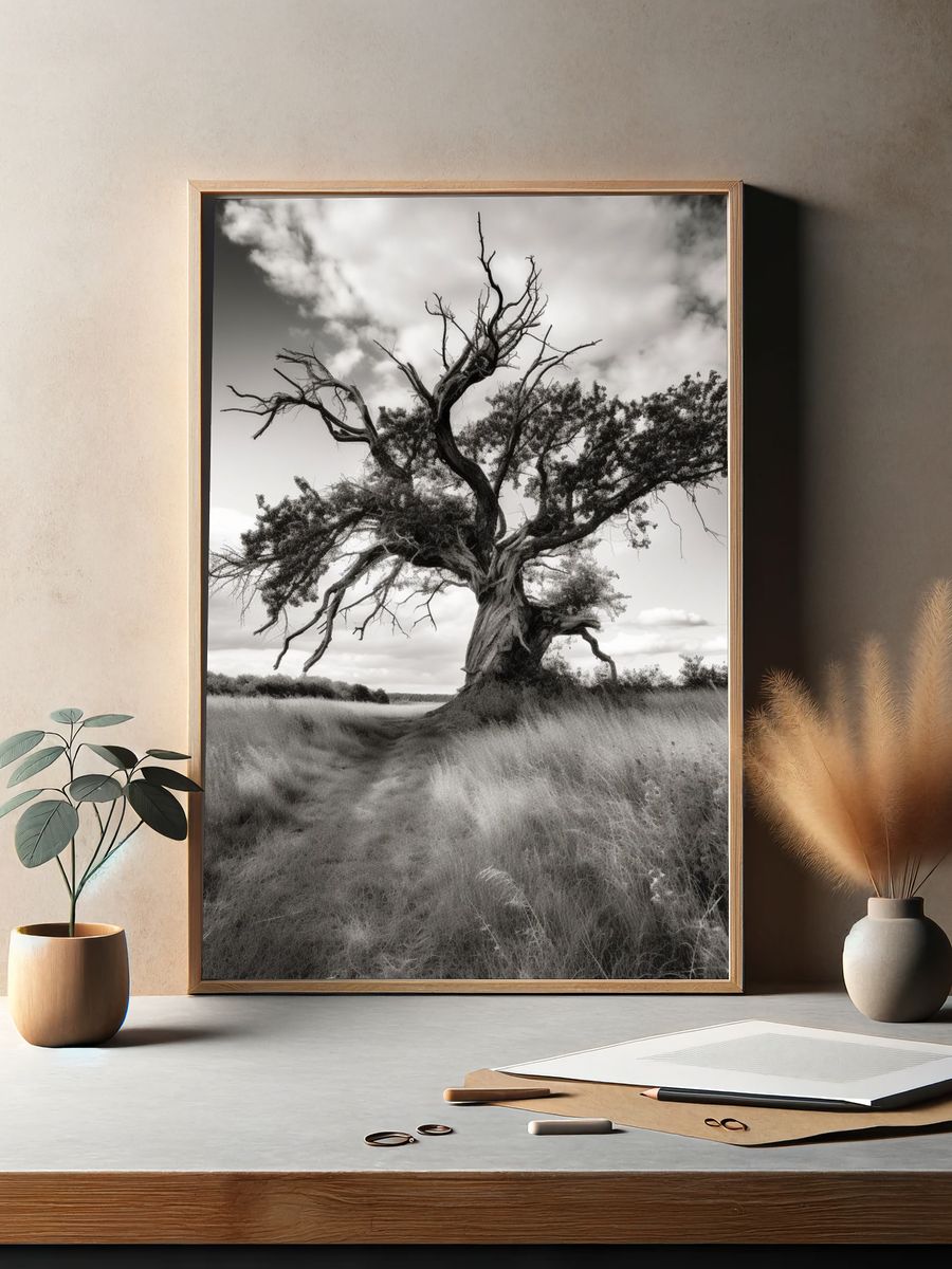 Solitary Tree in Meadow Black-White Poster. — room view 2