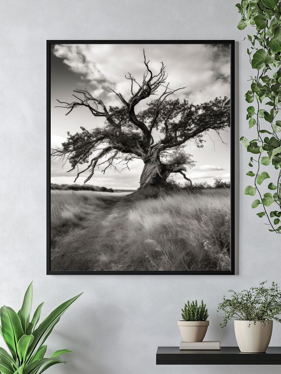 Solitary Tree in Meadow Black-White Poster. — room view 4