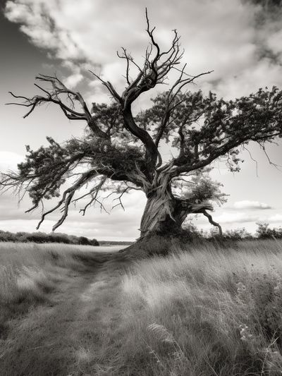 Solitary Tree in Meadow Black-White Poster. poster