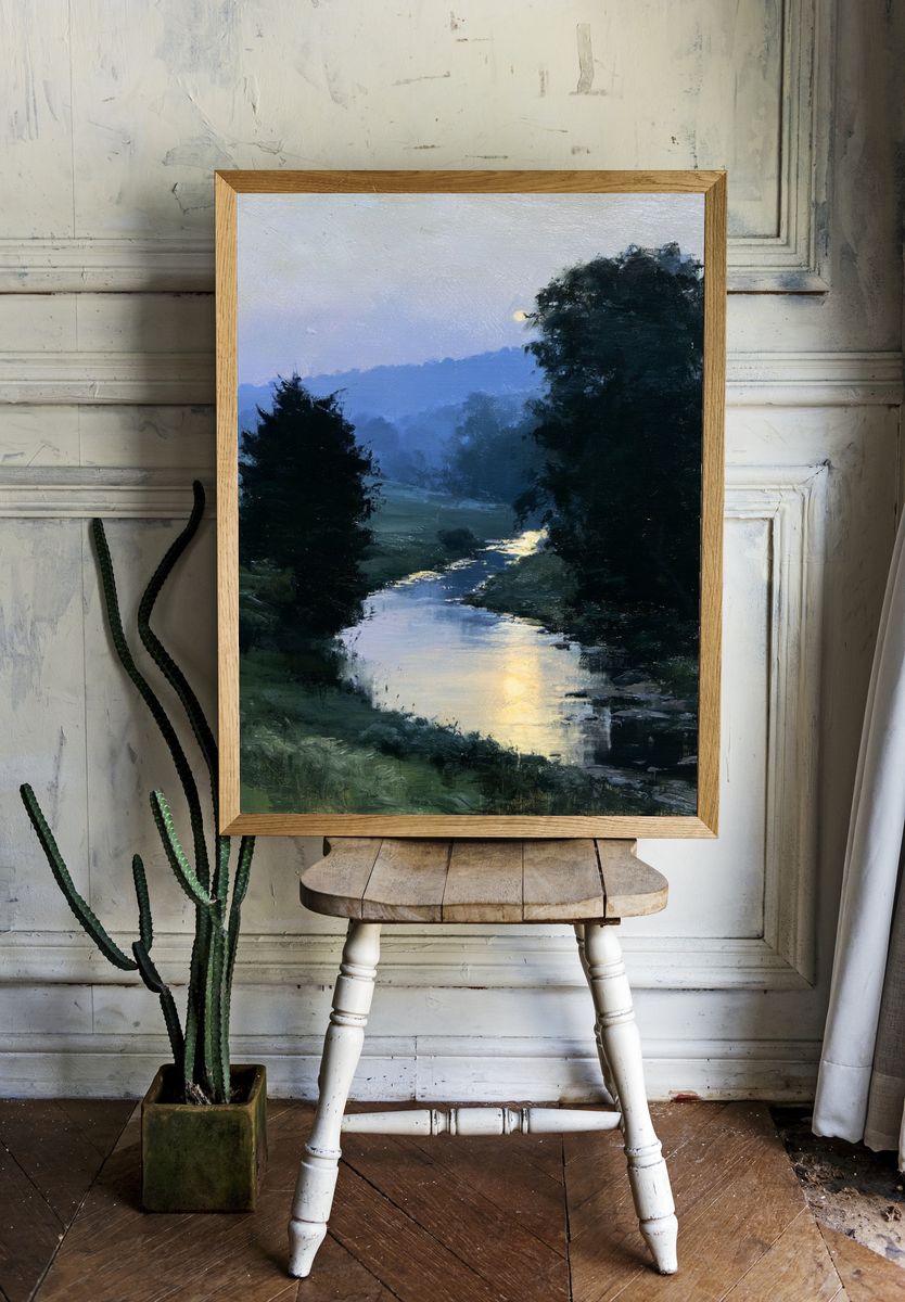 Misty River Dawn Landscape Poster. room preview
