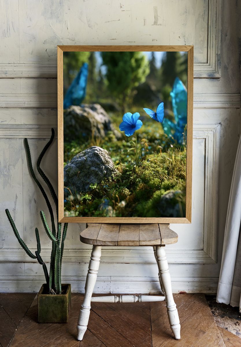 Blue Butterfly Meadow Poster. room preview