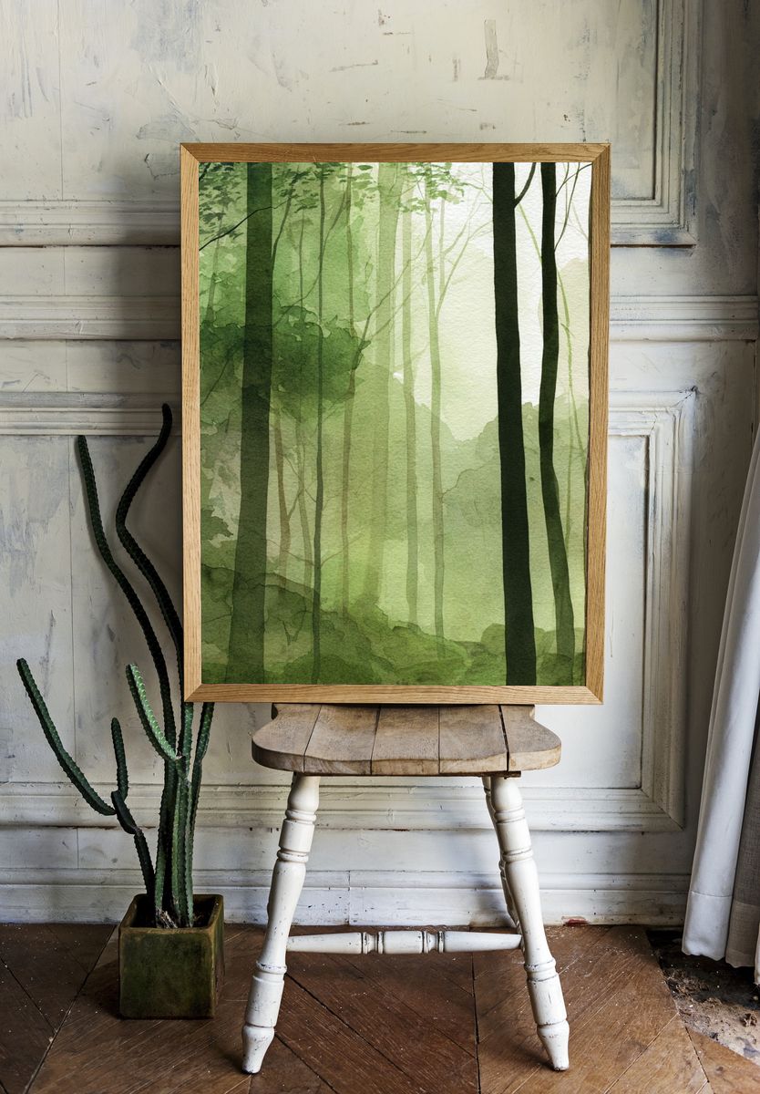 Misty Forest Watercolor Poster. room preview