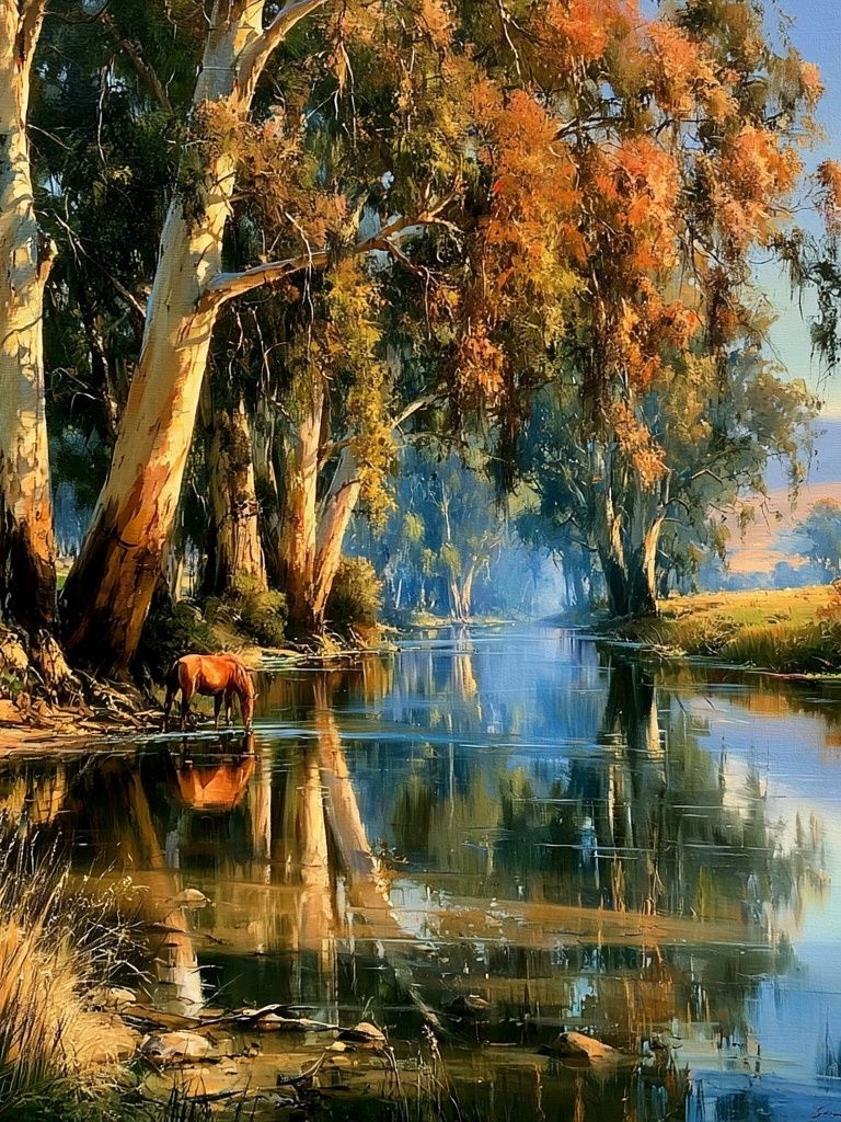 Riverbank Horse Landscape Print. poster — nature art