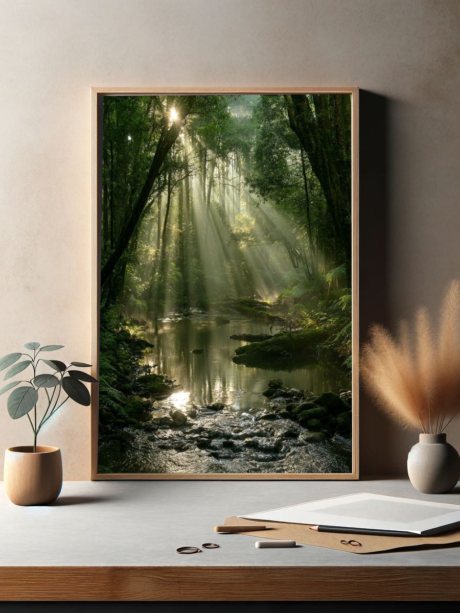 Sunlit Forest Stream Poster. — room view 2