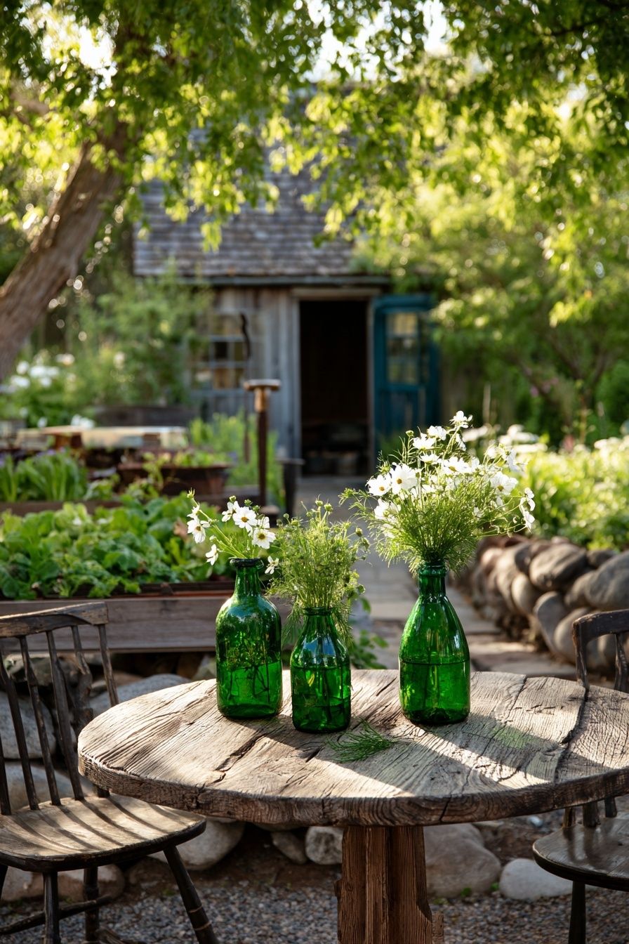 Green Bottles with Flowers — Nature Print. poster — nature art