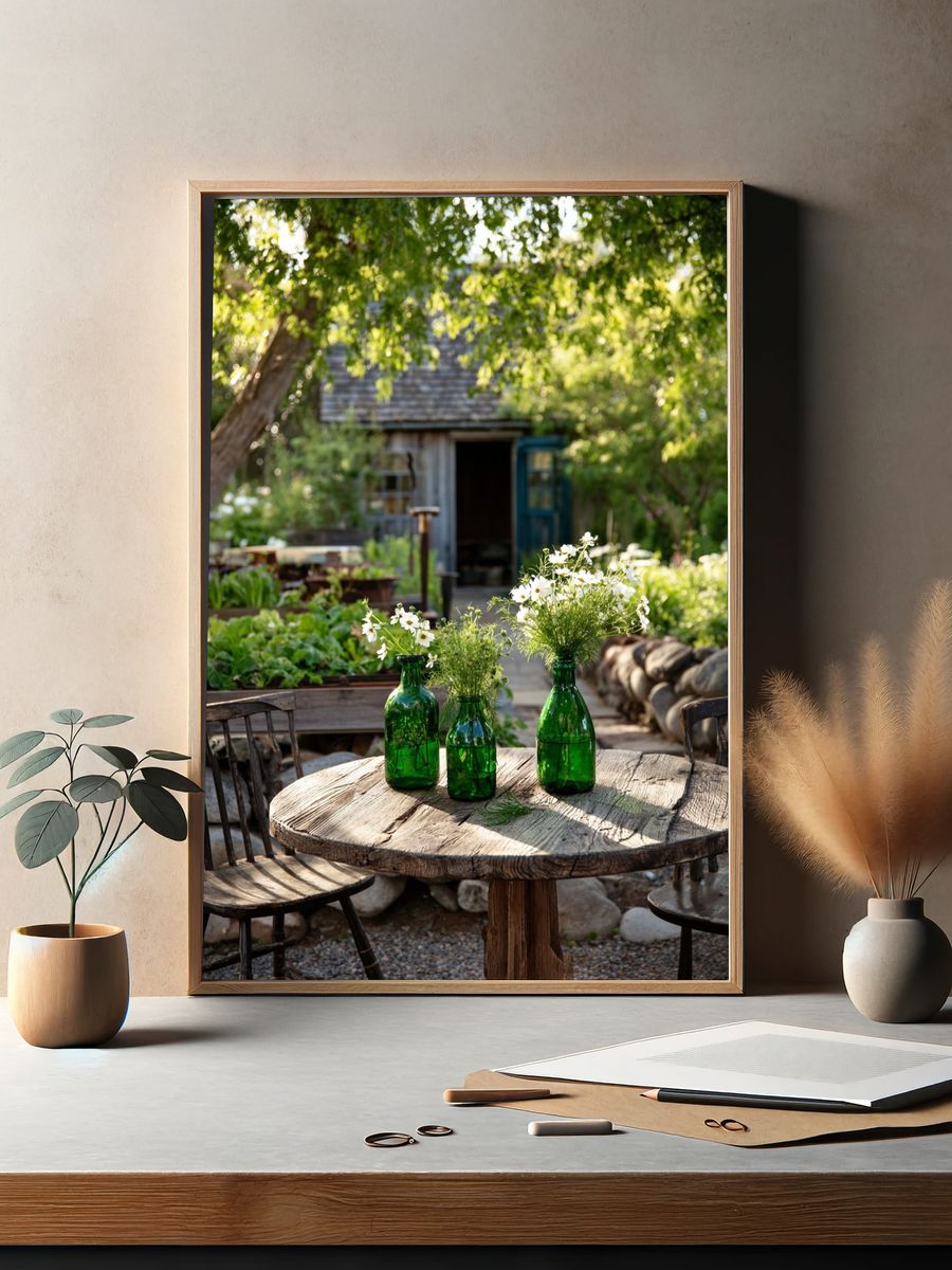 Green Bottles with Flowers — Nature Print. — room view 2