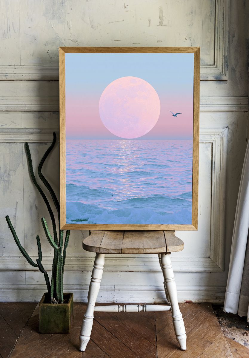 Pastel Moon Over Ocean Print. room preview