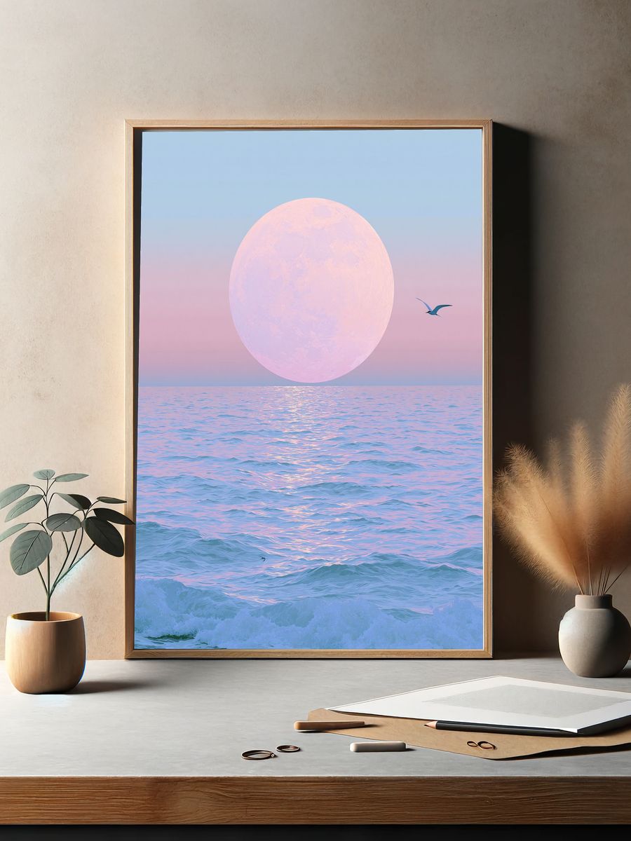 Pastel Moon Over Ocean Print. — room view 2