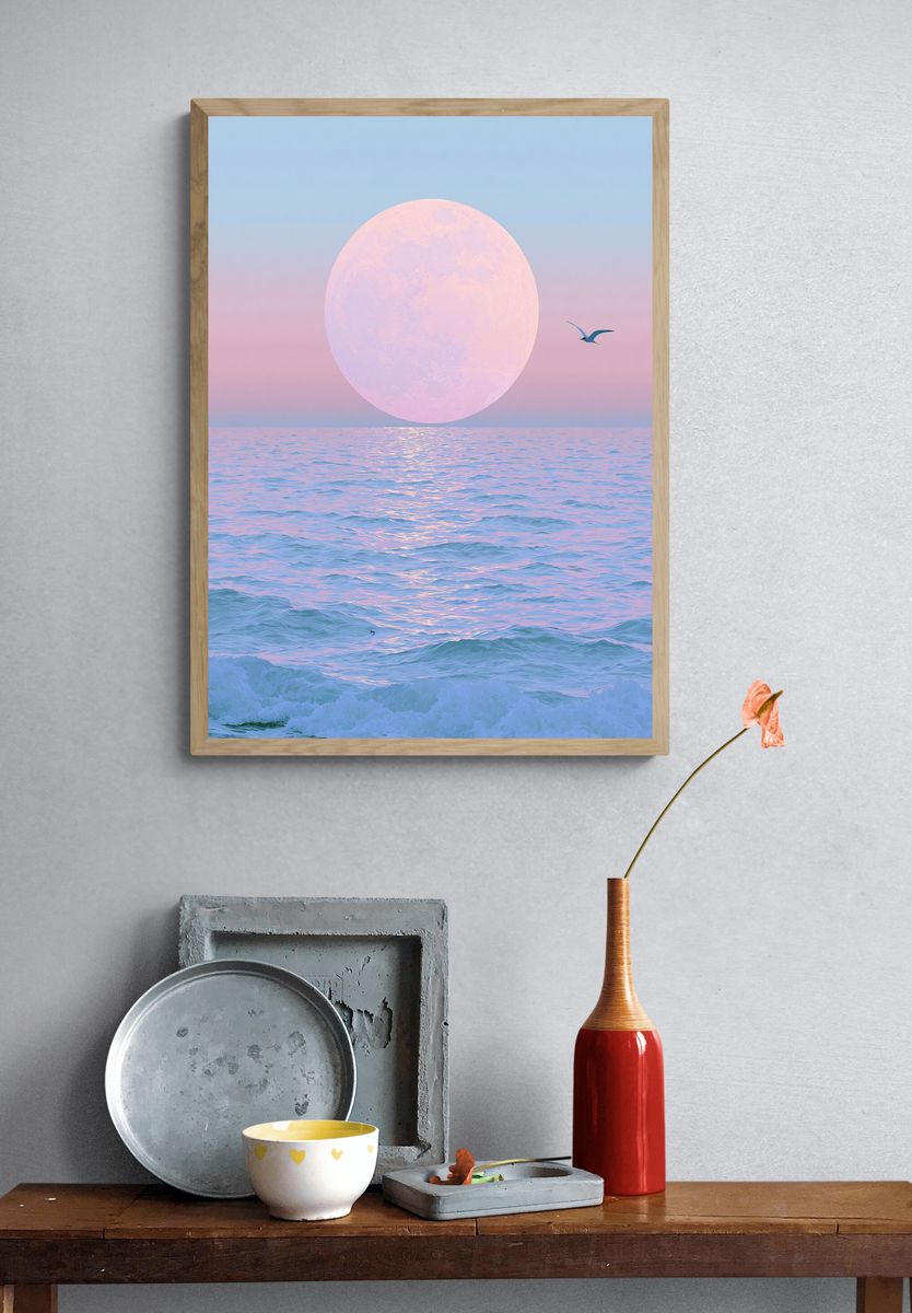 Pastel Moon Over Ocean Print. — room view 3