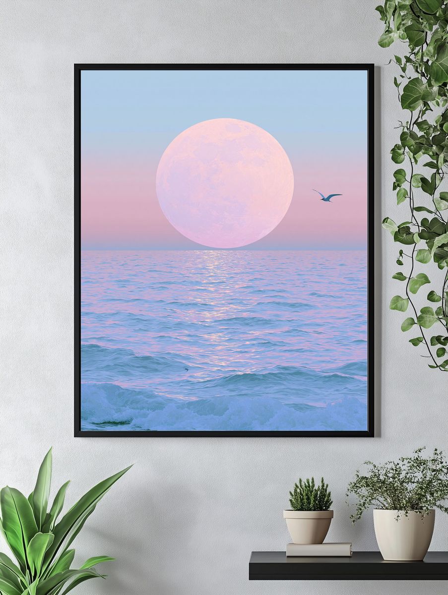 Pastel Moon Over Ocean Print. — room view 4