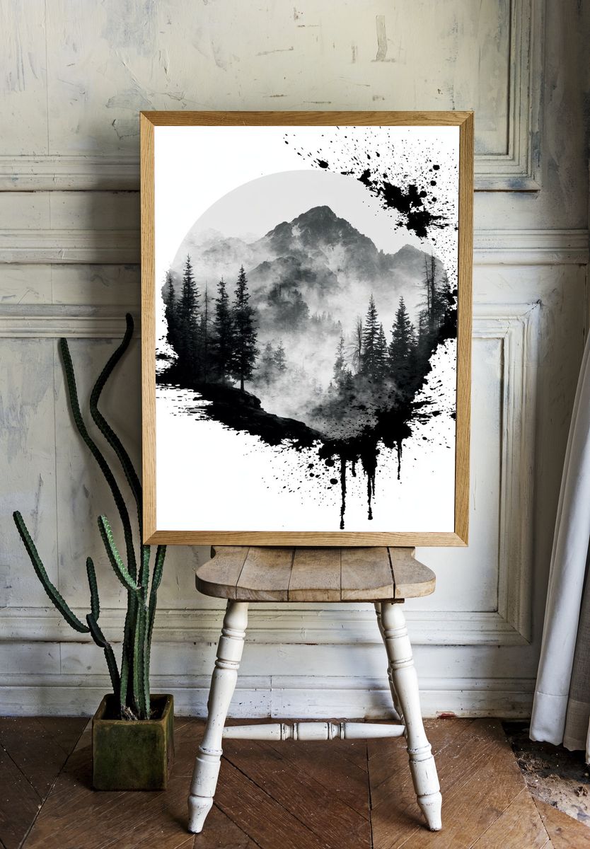 Misty Mountain Forest Ink Poster. room preview