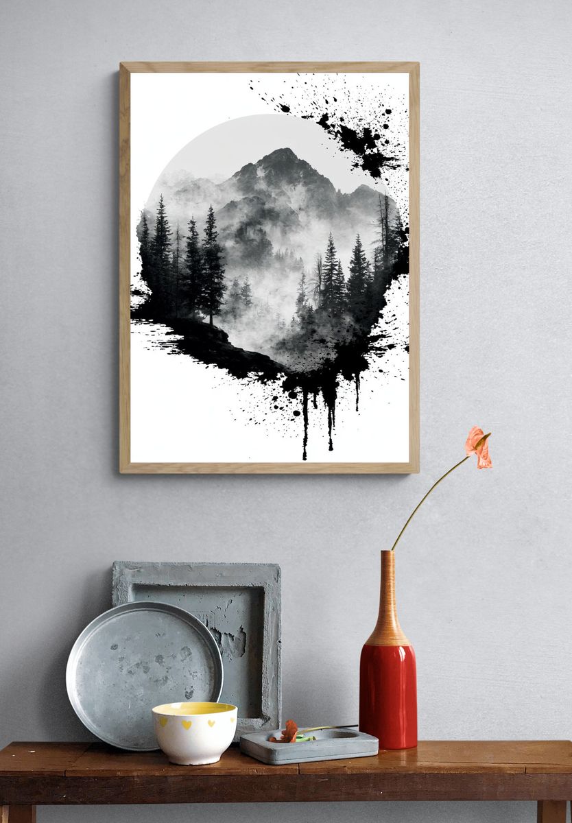 Misty Mountain Forest Ink Poster. — room view 3