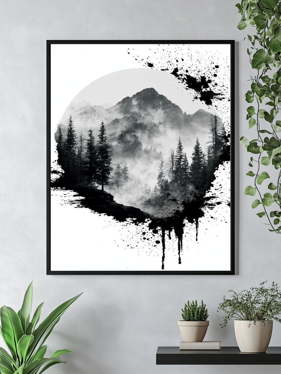 Misty Mountain Forest Ink Poster. — room view 4