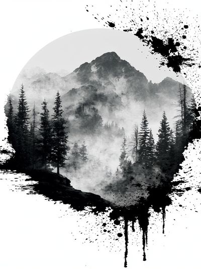 Misty Mountain Forest Ink Poster.