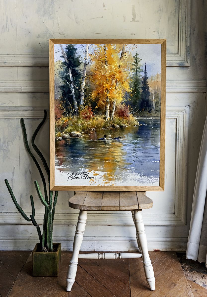 Autumn River Birch Watercolor Print. room preview