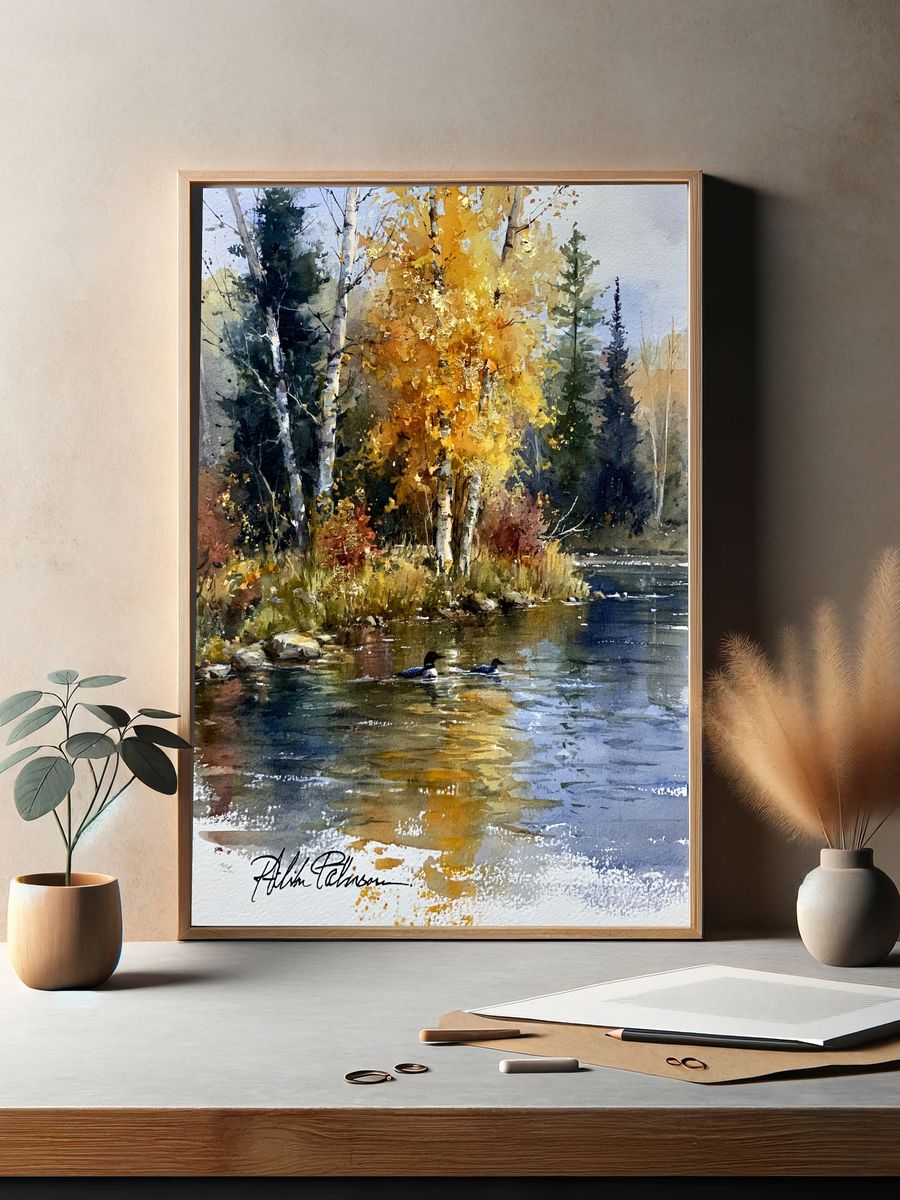 Autumn River Birch Watercolor Print. — room view 2