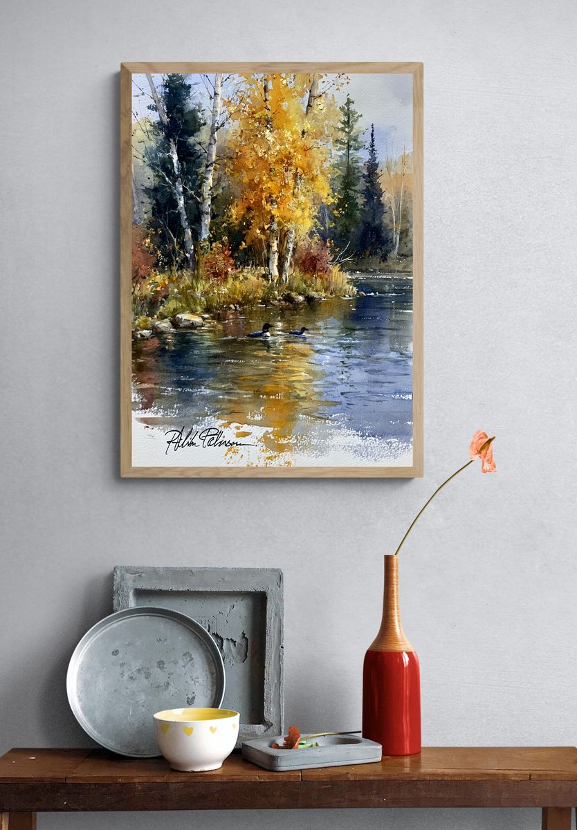 Autumn River Birch Watercolor Print. — room view 3