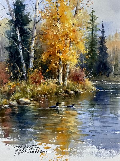 Autumn River Birch Watercolor Print. poster