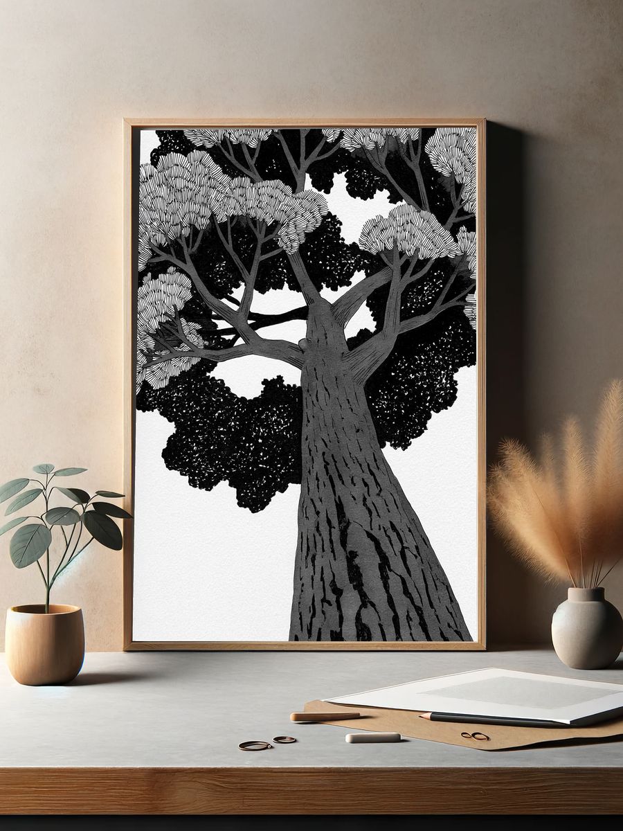 Monochrome Tree Canopy Illustration Poster. — room view 2