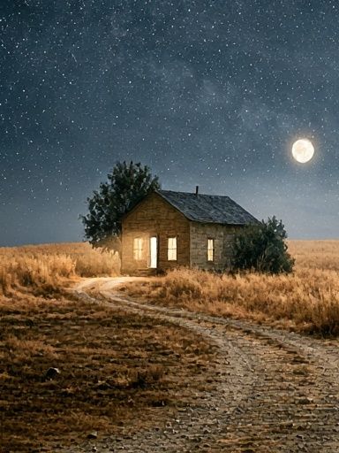 Moonlit Cabin in the Field Poster. poster — nature art