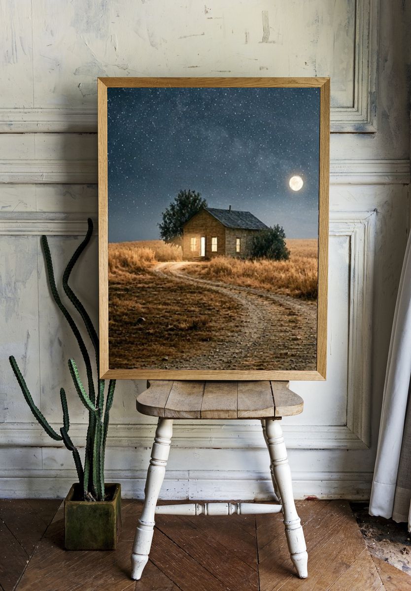 Moonlit Cabin in the Field Poster. room preview