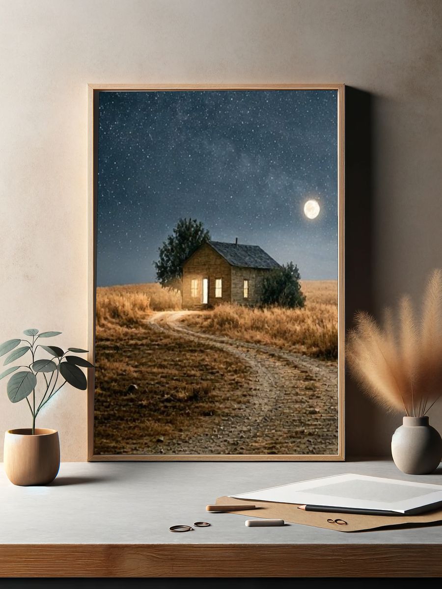 Moonlit Cabin in the Field Poster. — room view 2