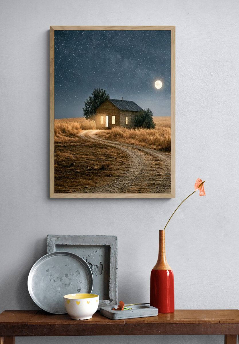 Moonlit Cabin in the Field Poster. — room view 3