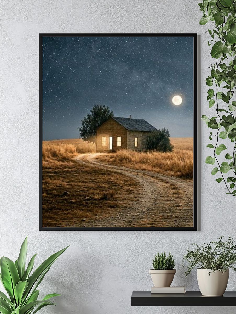 Moonlit Cabin in the Field Poster. — room view 4