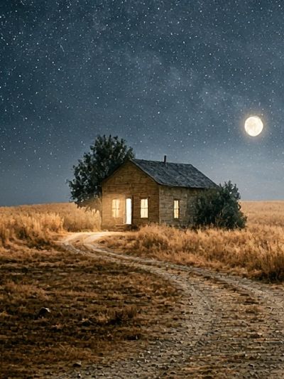 Moonlit Cabin in the Field Poster.